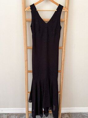 Vintage Dollar Black Beaded Mermaid Handkerchief Hem Evening Dress S EUC